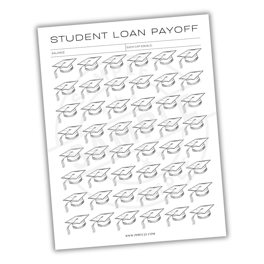 Sheet of 'Student Loan Payoff' stickers with graduation caps on a white background