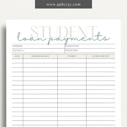 Student Loan Payoff Log Printable Template – Digital download for tracking and managing student loan payments, balances, and payoff progress