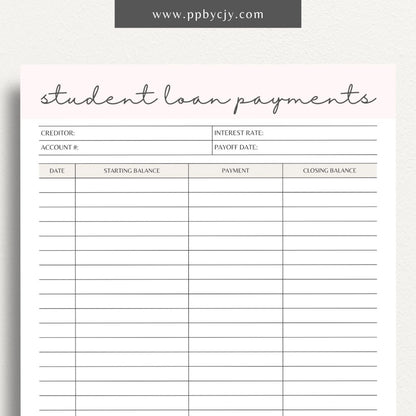 Student Loan Payoff Log Printable Template – Digital download for tracking and managing student loan payments, balances, and payoff progress