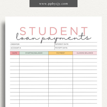 Student Loan Payoff Log Printable Template – Digital download for tracking and managing student loan payments, balances, and payoff progress