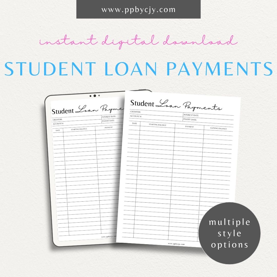 Student Loan Payoff Log Printable Template – Digital download for tracking and managing student loan payments, balances, and payoff progress