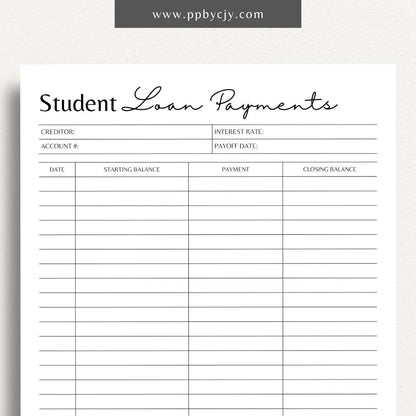 Student Loan Payoff Log Printable Template – Digital download for tracking and managing student loan payments, balances, and payoff progress