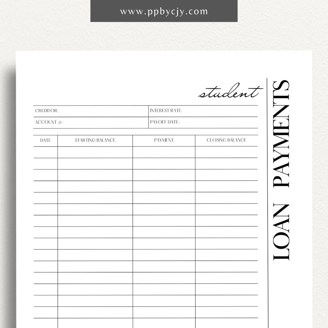 Student Loan Payoff Log Printable Template – Digital download for tracking and managing student loan payments, balances, and payoff progress