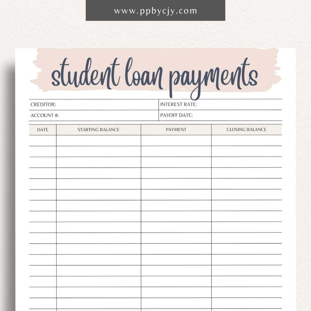 Student Loan Payoff Log Printable Template – Digital download for tracking and managing student loan payments, balances, and payoff progress