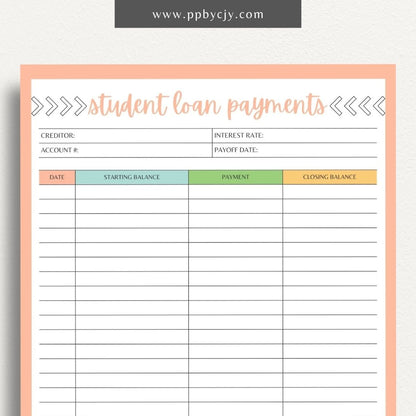 Student Loan Payoff Log Printable Template – Digital download for tracking and managing student loan payments, balances, and payoff progress