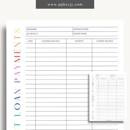 Student Loan Payoff Log Printable Template – Digital download for tracking and managing student loan payments, balances, and payoff progress