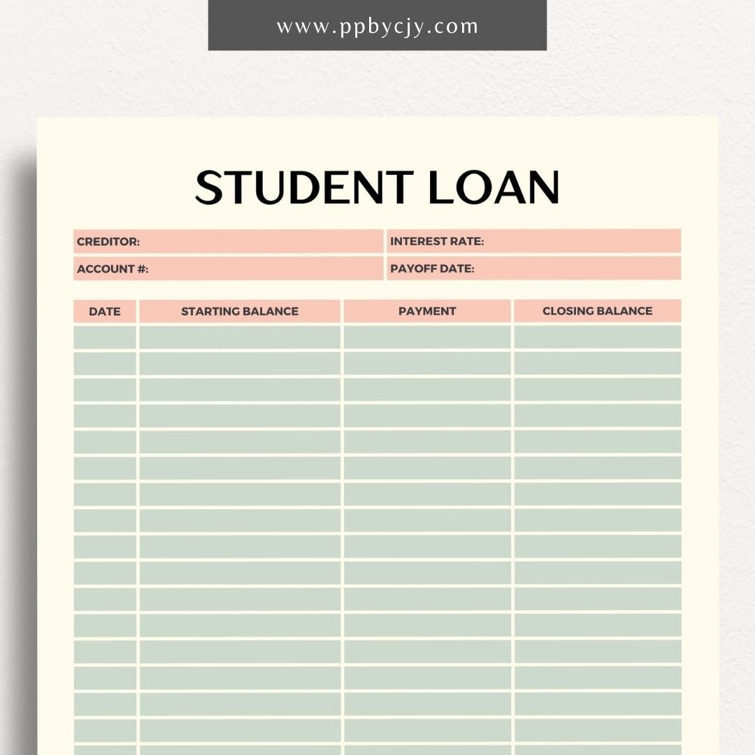 Student Loan Payoff Log Printable Template – Digital download for tracking and managing student loan payments, balances, and payoff progress