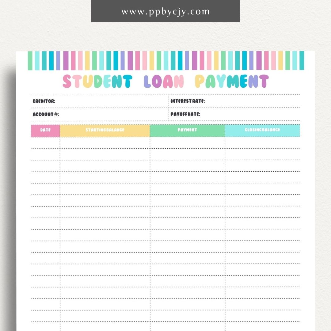 Student Loan Payoff Log Printable Template – Digital download for tracking and managing student loan payments, balances, and payoff progress