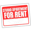 Red and white sign with 'Studio Apartment For Rent' text on a white background