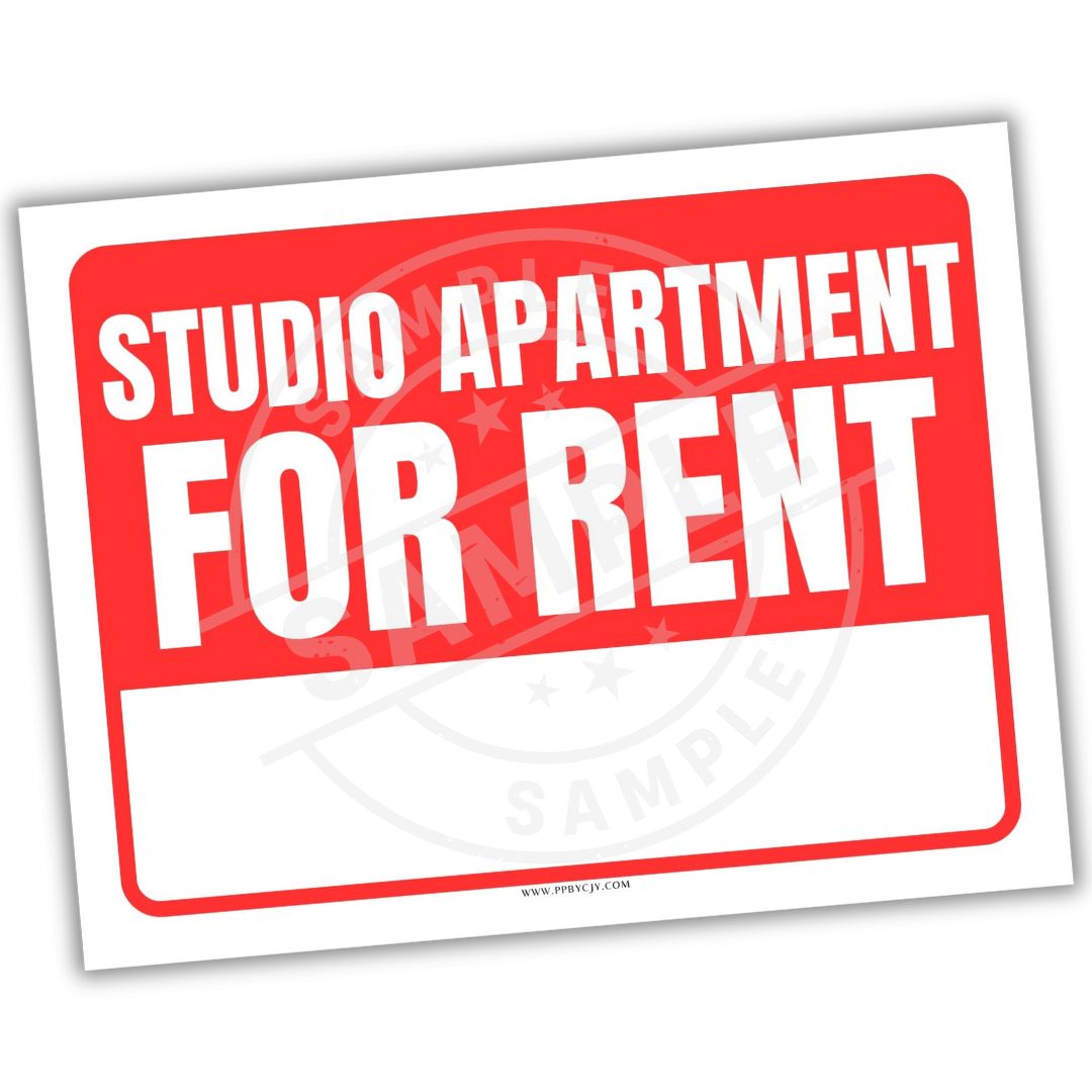 Red and white sign with 'Studio Apartment For Rent' text on a white background
