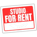 Red and white 'Studio for Rent' sign on a white background