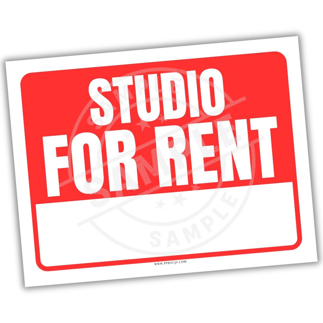 Red and white 'Studio for Rent' sign on a white background