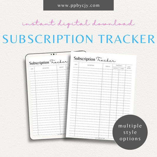 Subscription Tracker Printable Template – Digital download for managing and monitoring various subscriptions, including renewal dates, costs, and service details.