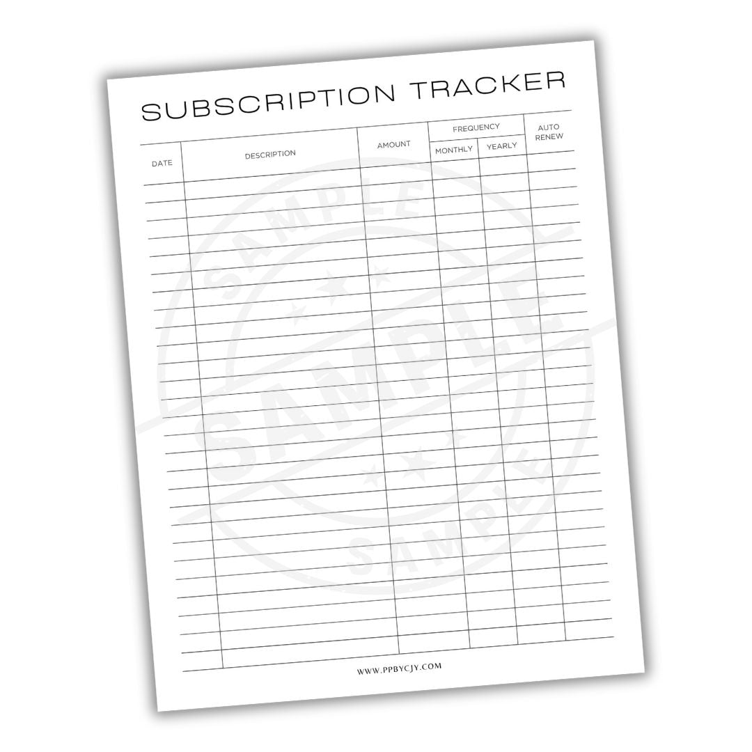 Subscription tracker sheet with columns for date, description, amount, frequency, and auto-renewal on a white background.