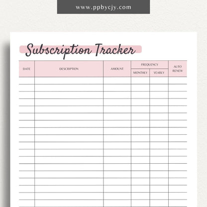 Subscription Tracker Printable PDF Template