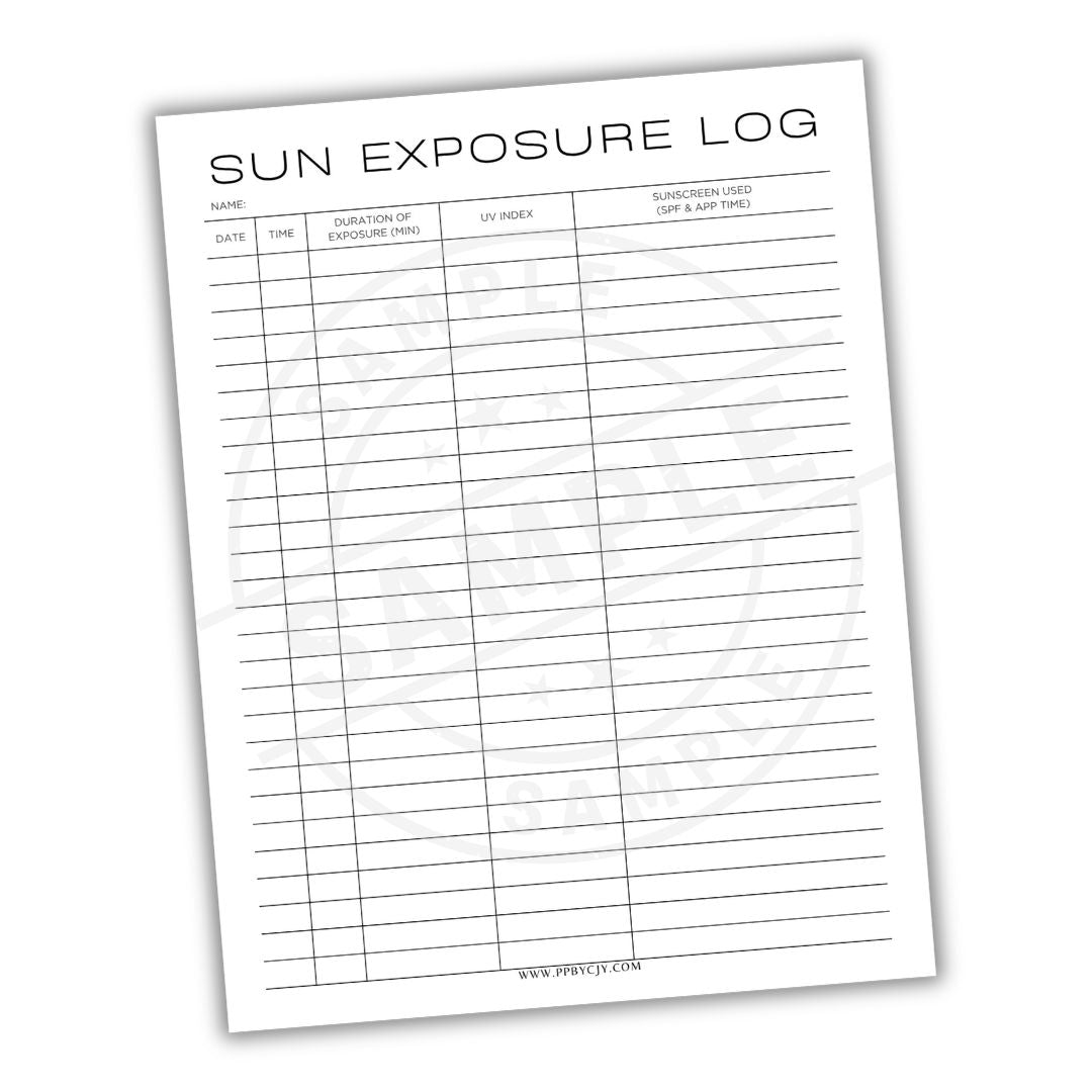 Sun exposure log sheet on a white background