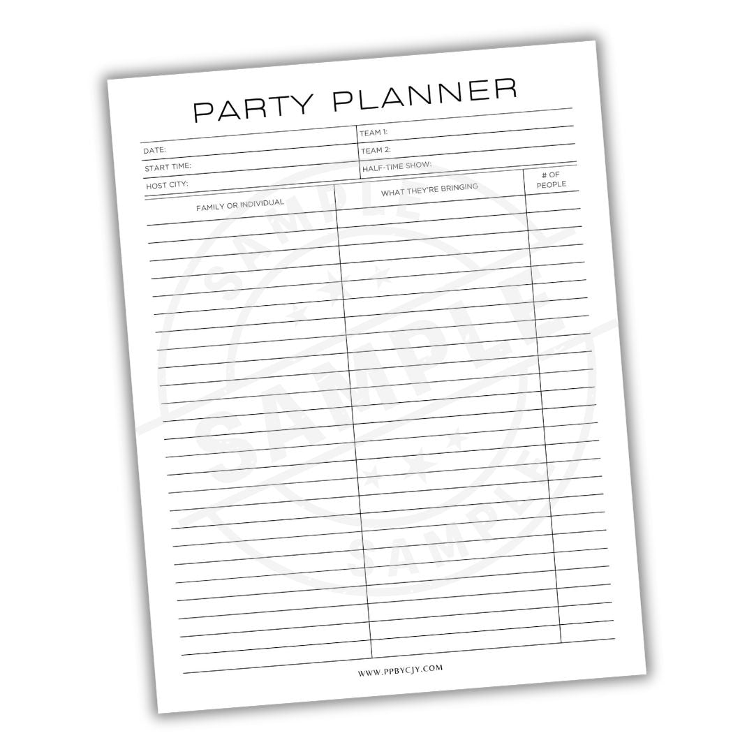 Party planner sheet with columns for event details on a white background
