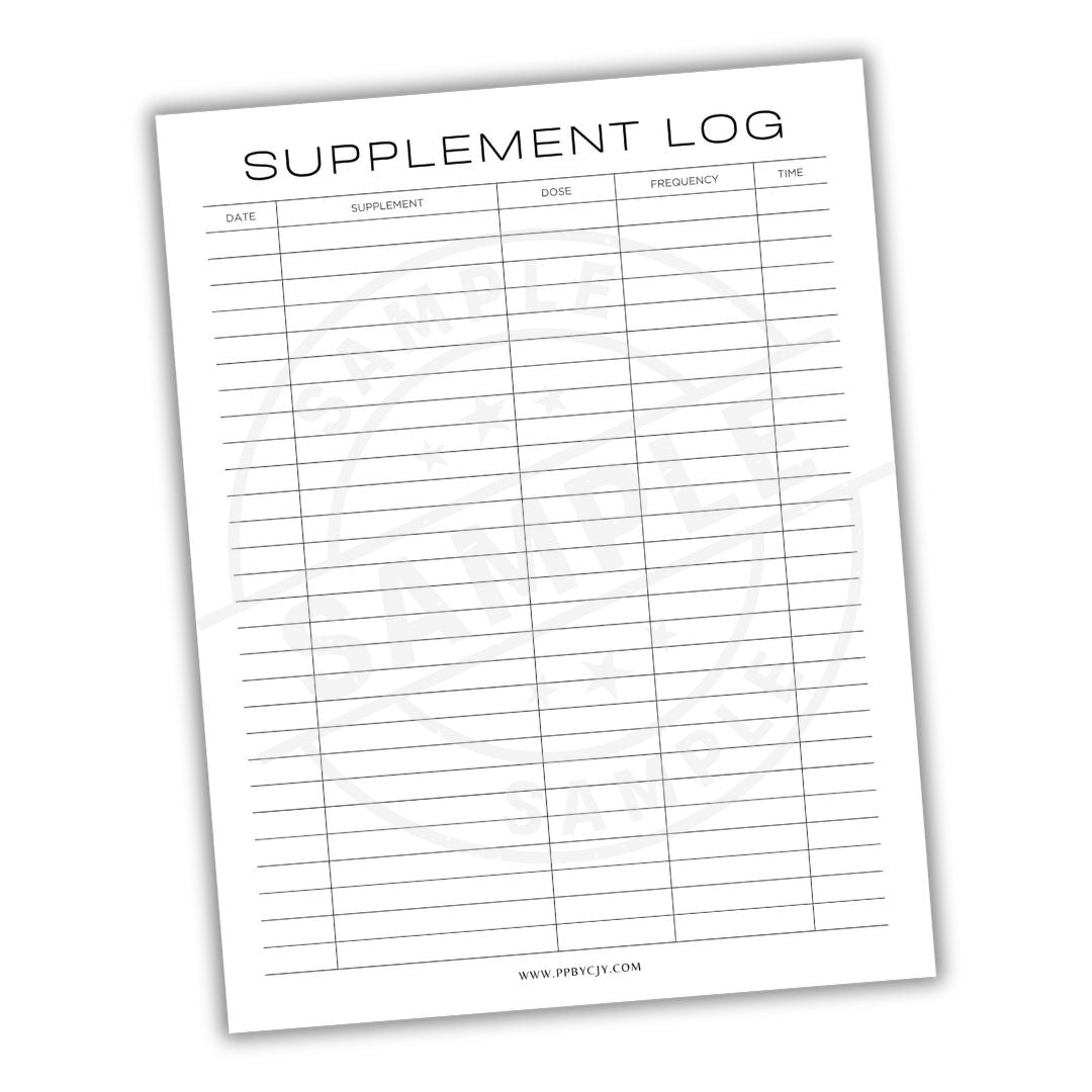 Supplement log sheet with columns for date, supplement, dose, frequency, and time on a white background.