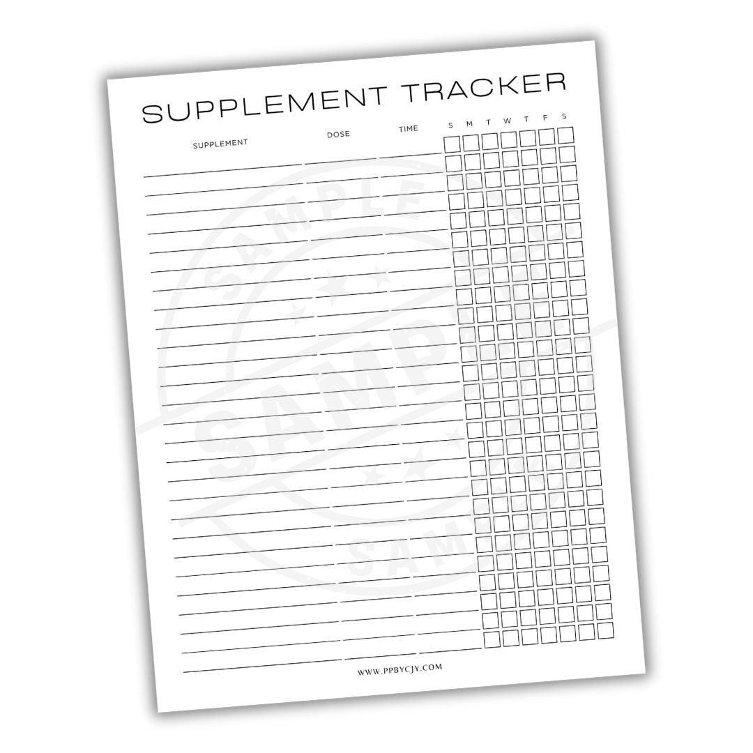 Supplement tracker sheet with columns for supplement name, dose, time, and days of the week on a white background.