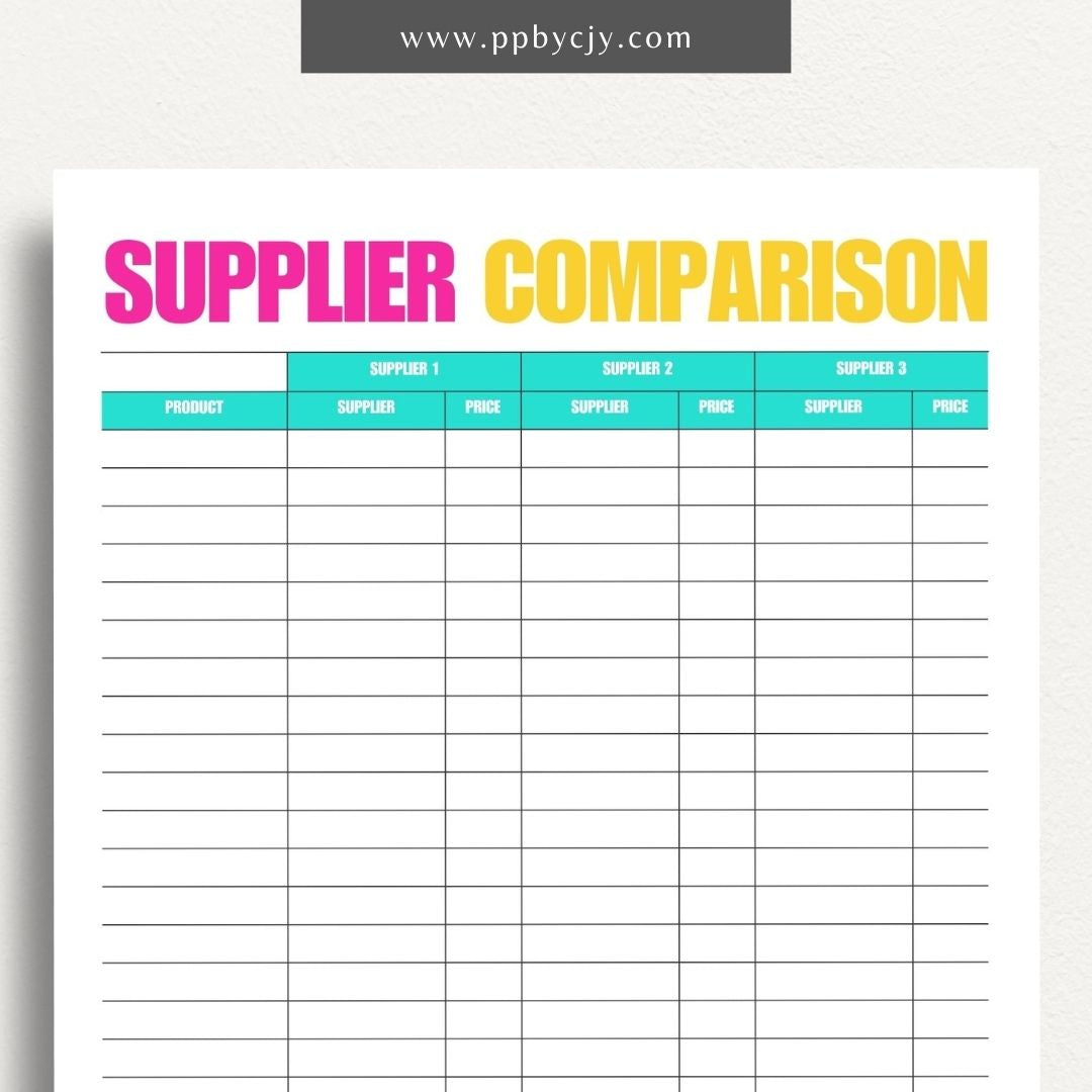 Supplier Comparison Printable Template – Digital download for evaluating and comparing suppliers, including prices, quality, and delivery times