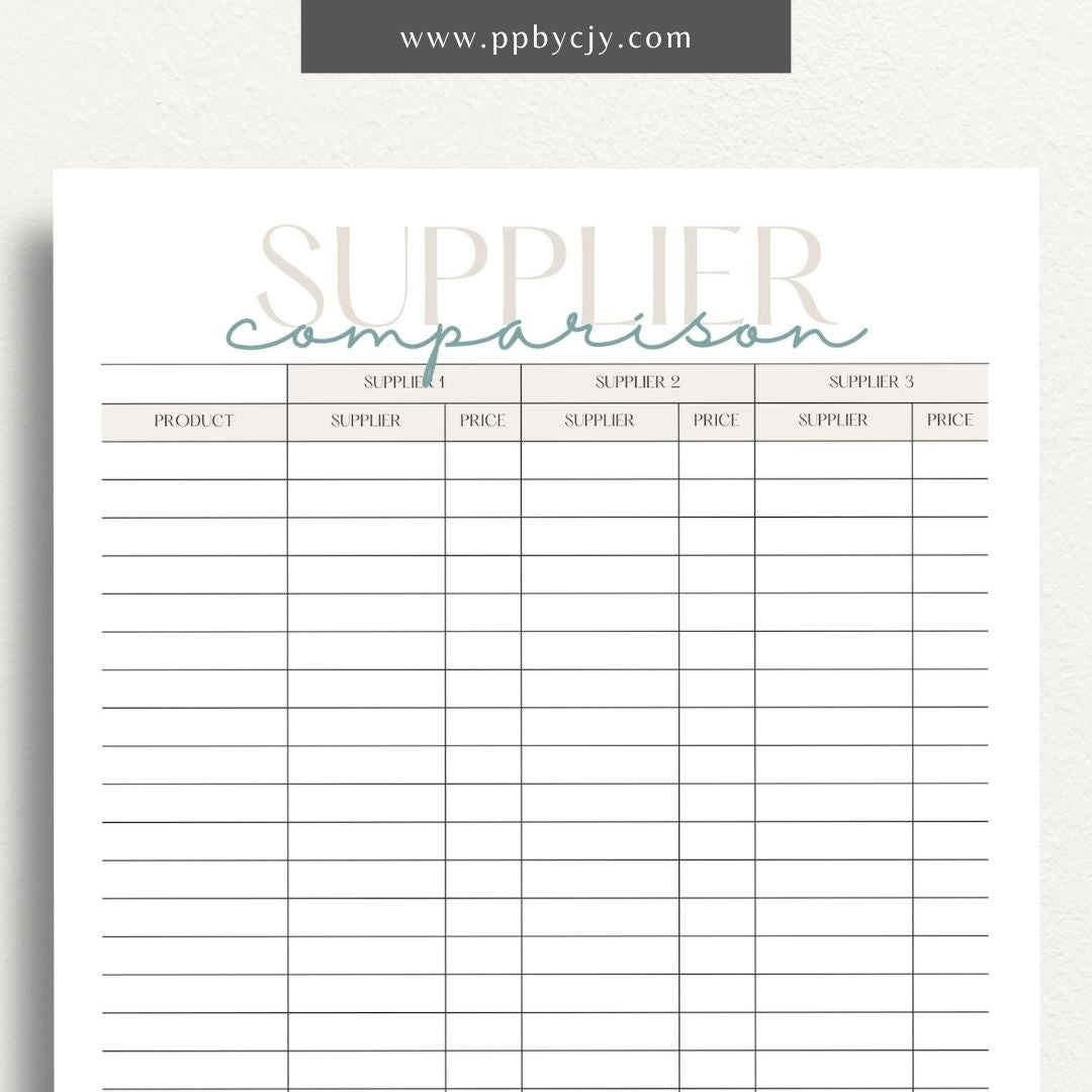 Supplier Comparison Printable Template – Digital download for evaluating and comparing suppliers, including prices, quality, and delivery times