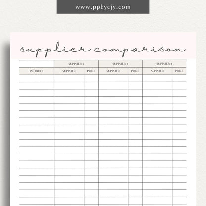 Supplier Comparison Printable Template – Digital download for evaluating and comparing suppliers, including prices, quality, and delivery times