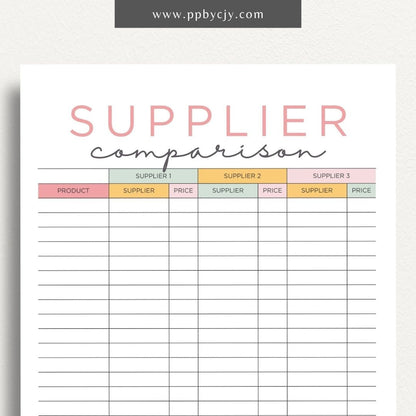 Supplier Comparison Printable Template – Digital download for evaluating and comparing suppliers, including prices, quality, and delivery times