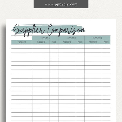 Supplier Comparison Printable Template – Digital download for evaluating and comparing suppliers, including prices, quality, and delivery times