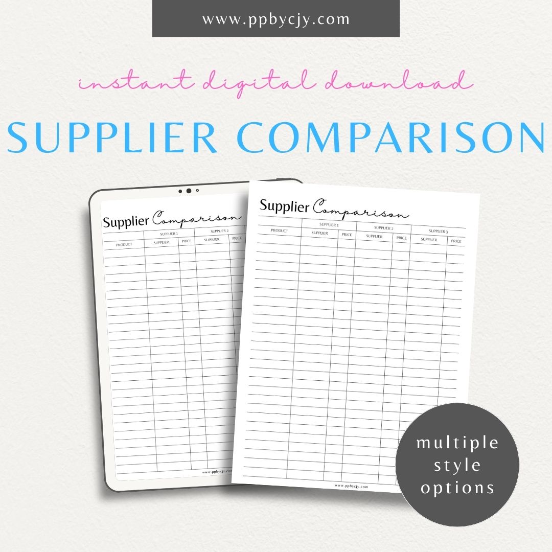 Supplier Comparison Printable Template – Digital download for evaluating and comparing suppliers, including prices, quality, and delivery times