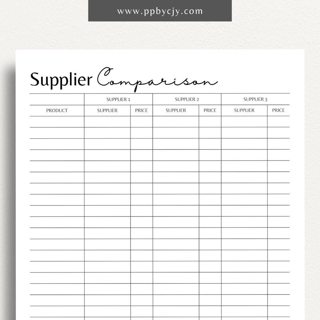 Supplier Comparison Printable Template – Digital download for evaluating and comparing suppliers, including prices, quality, and delivery times