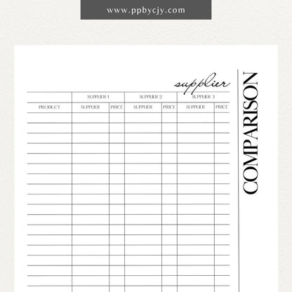 Supplier Comparison Printable Template – Digital download for evaluating and comparing suppliers, including prices, quality, and delivery times