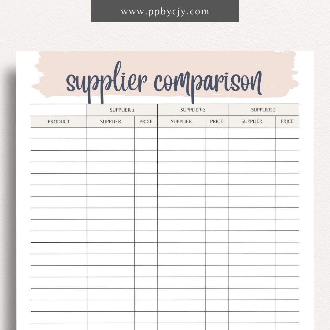 Supplier Comparison Printable Template – Digital download for evaluating and comparing suppliers, including prices, quality, and delivery times