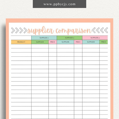 Supplier Comparison Printable Template – Digital download for evaluating and comparing suppliers, including prices, quality, and delivery times