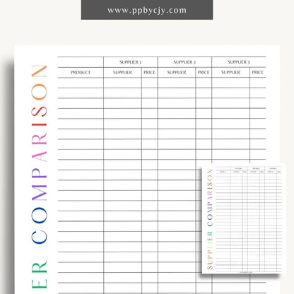 Supplier Comparison Printable Template – Digital download for evaluating and comparing suppliers, including prices, quality, and delivery times