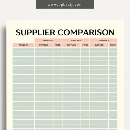 Supplier Comparison Printable Template – Digital download for evaluating and comparing suppliers, including prices, quality, and delivery times