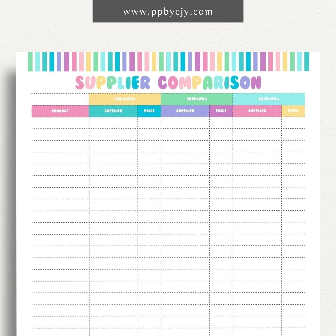 Supplier Comparison Printable Template – Digital download for evaluating and comparing suppliers, including prices, quality, and delivery times