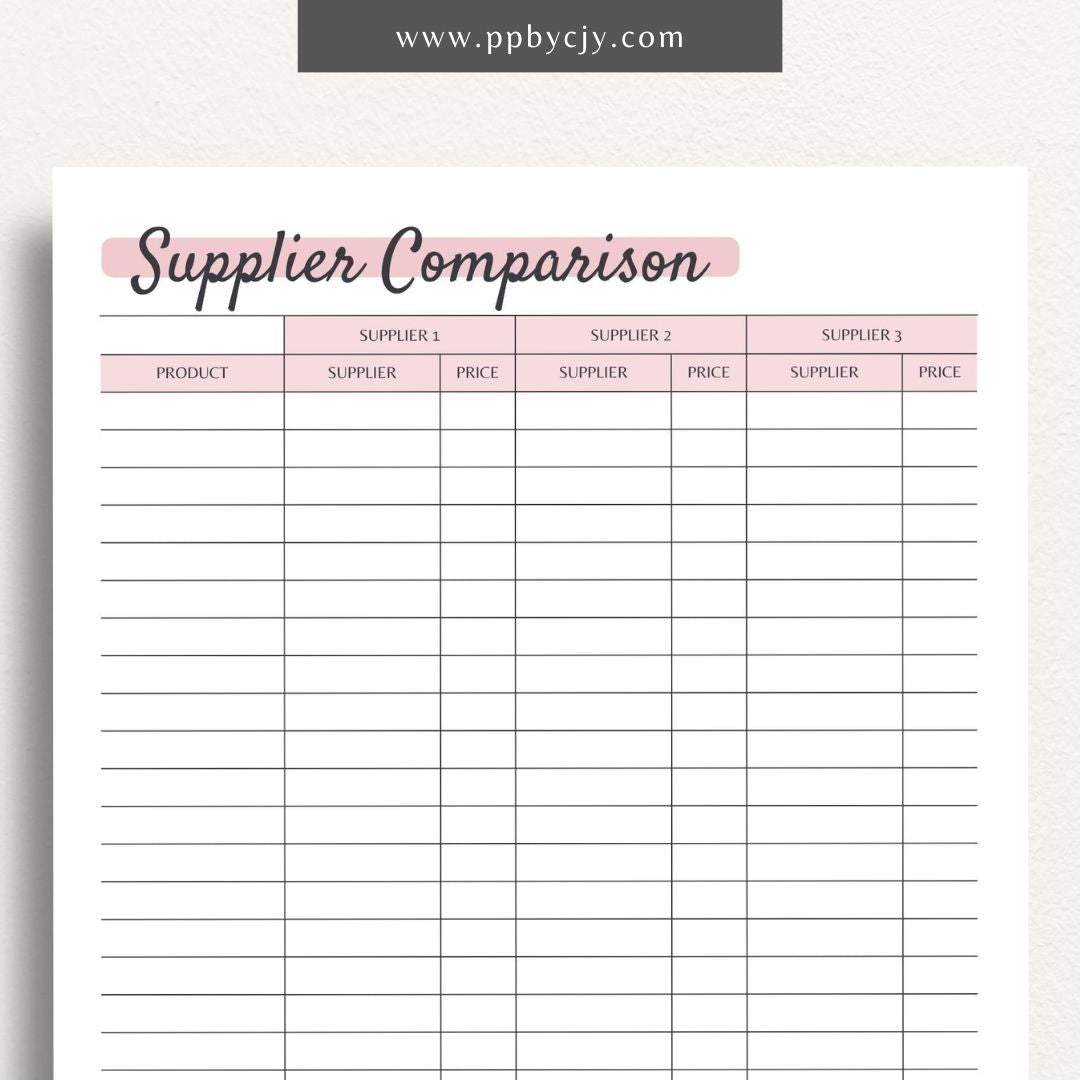 Supplier Product Comparison List Printable PDF Template