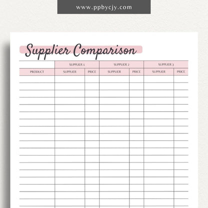 Supplier Product Comparison List Printable PDF Template