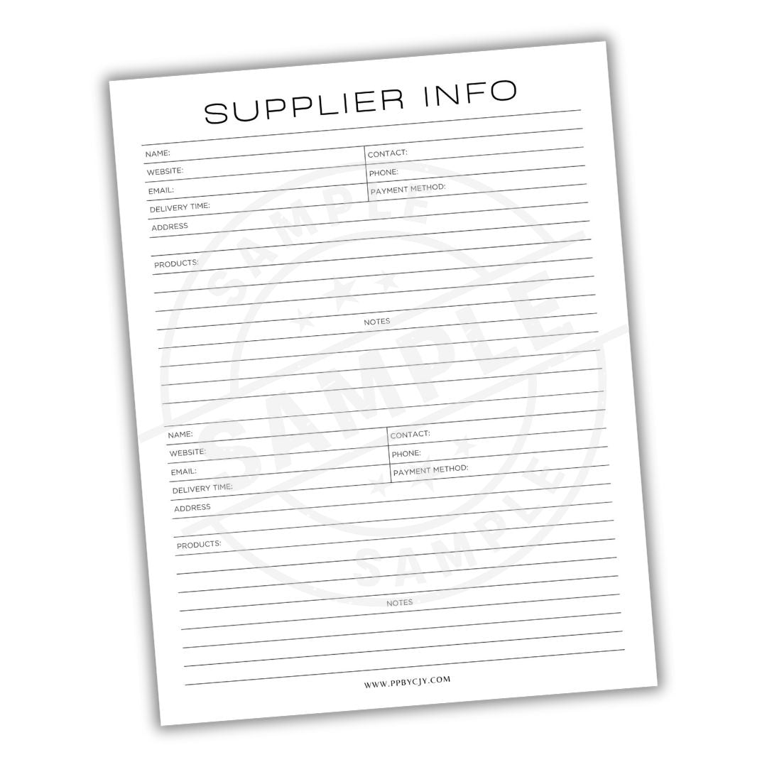 Supplier information sheet with columns for name, website, address, contact, phone, payment method, products, and notes.