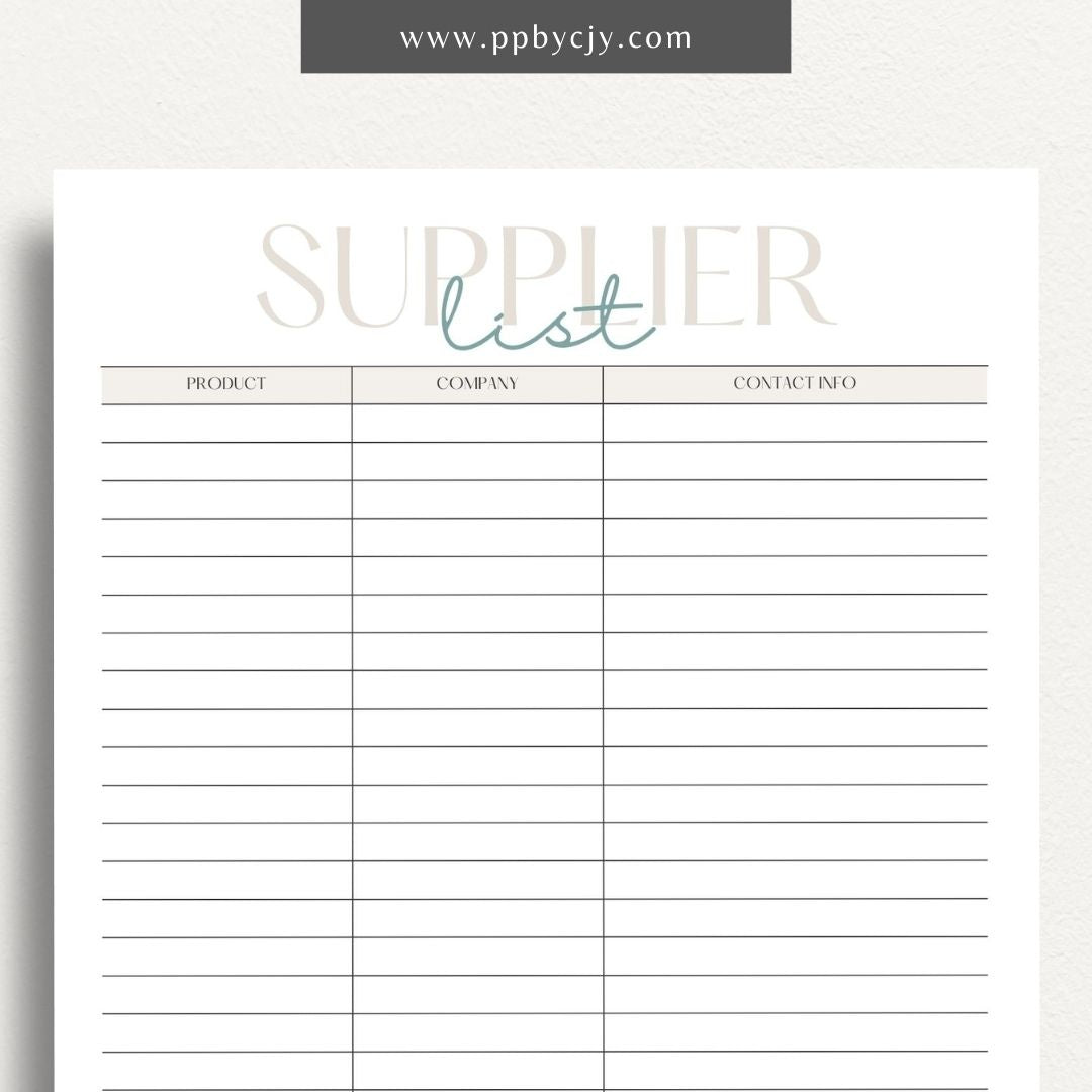 Supplier List Printable Template – Digital download for cataloging and organizing contact information, products, and details of various suppliers