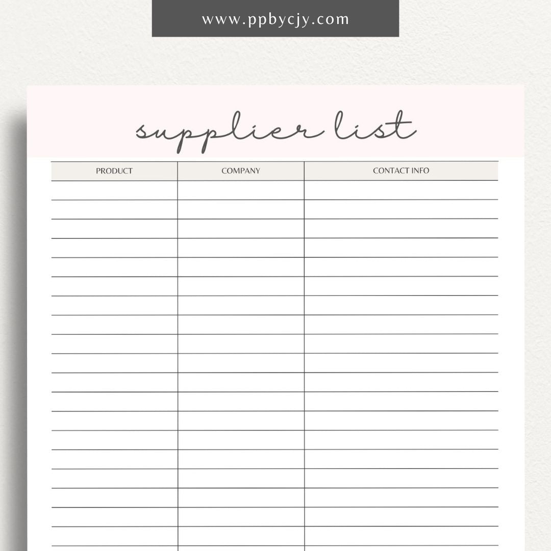 Supplier List Printable Template – Digital download for cataloging and organizing contact information, products, and details of various suppliers