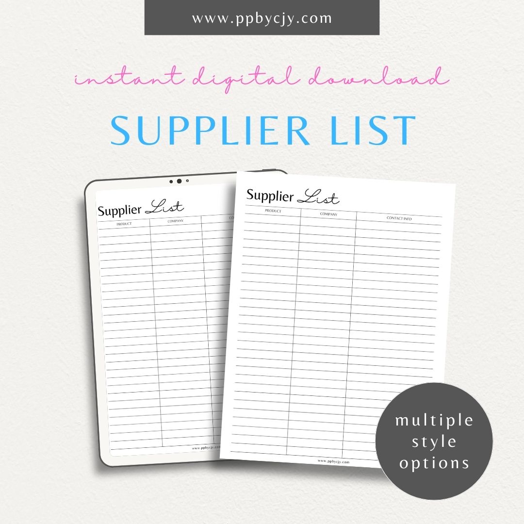 Supplier List Printable Template – Digital download for cataloging and organizing contact information, products, and details of various suppliers