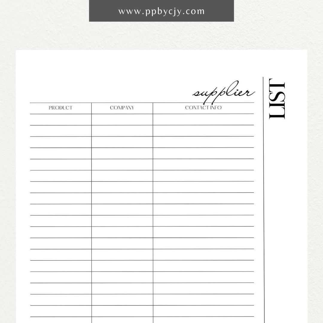 Supplier List Printable Template – Digital download for cataloging and organizing contact information, products, and details of various suppliers