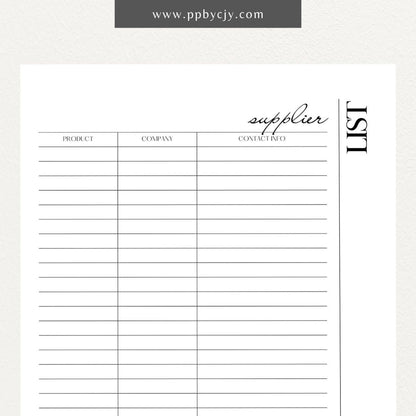 Supplier List Printable Template – Digital download for cataloging and organizing contact information, products, and details of various suppliers