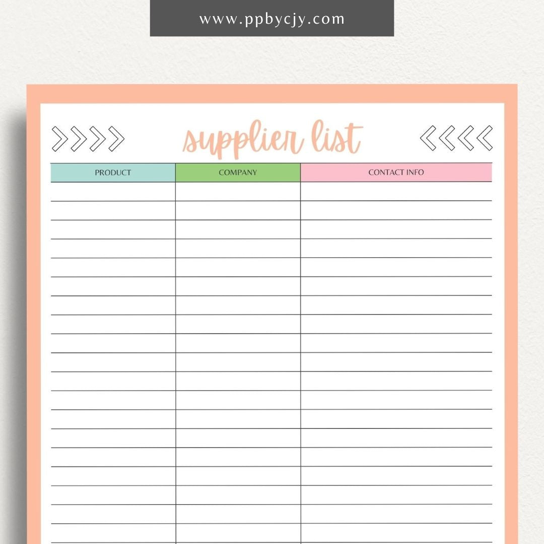 Supplier List Printable Template – Digital download for cataloging and organizing contact information, products, and details of various suppliers