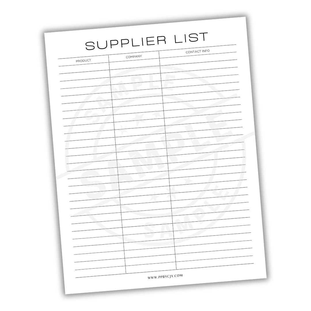 Supplier list template with columns for product, contact, and contact info on a white background.