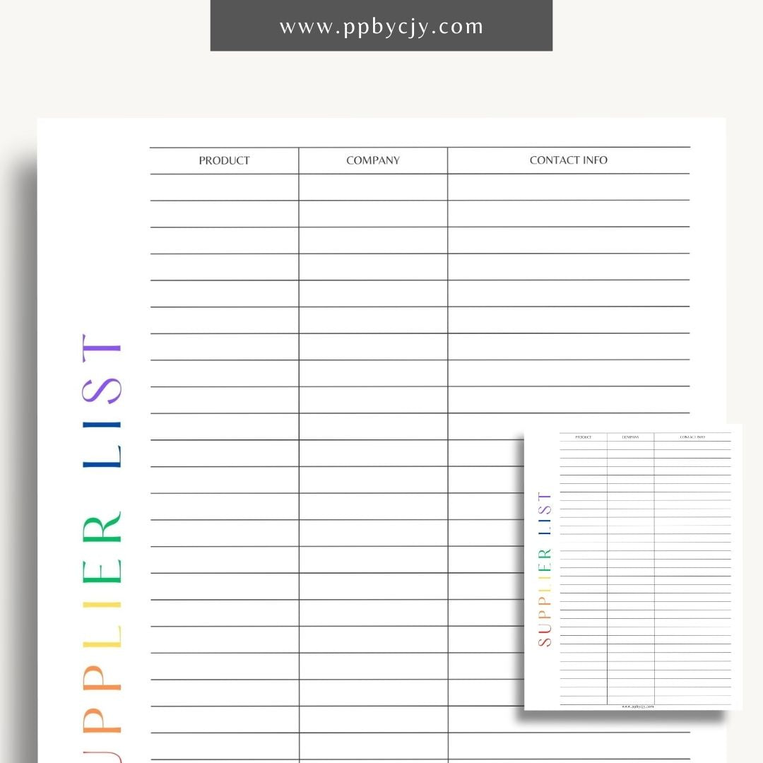 Supplier List Printable Template – Digital download for cataloging and organizing contact information, products, and details of various suppliers