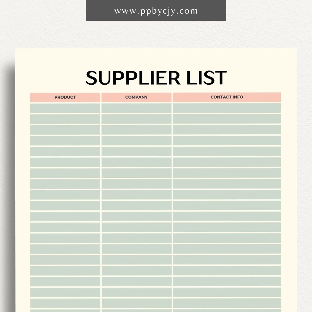 Supplier List Printable Template – Digital download for cataloging and organizing contact information, products, and details of various suppliers