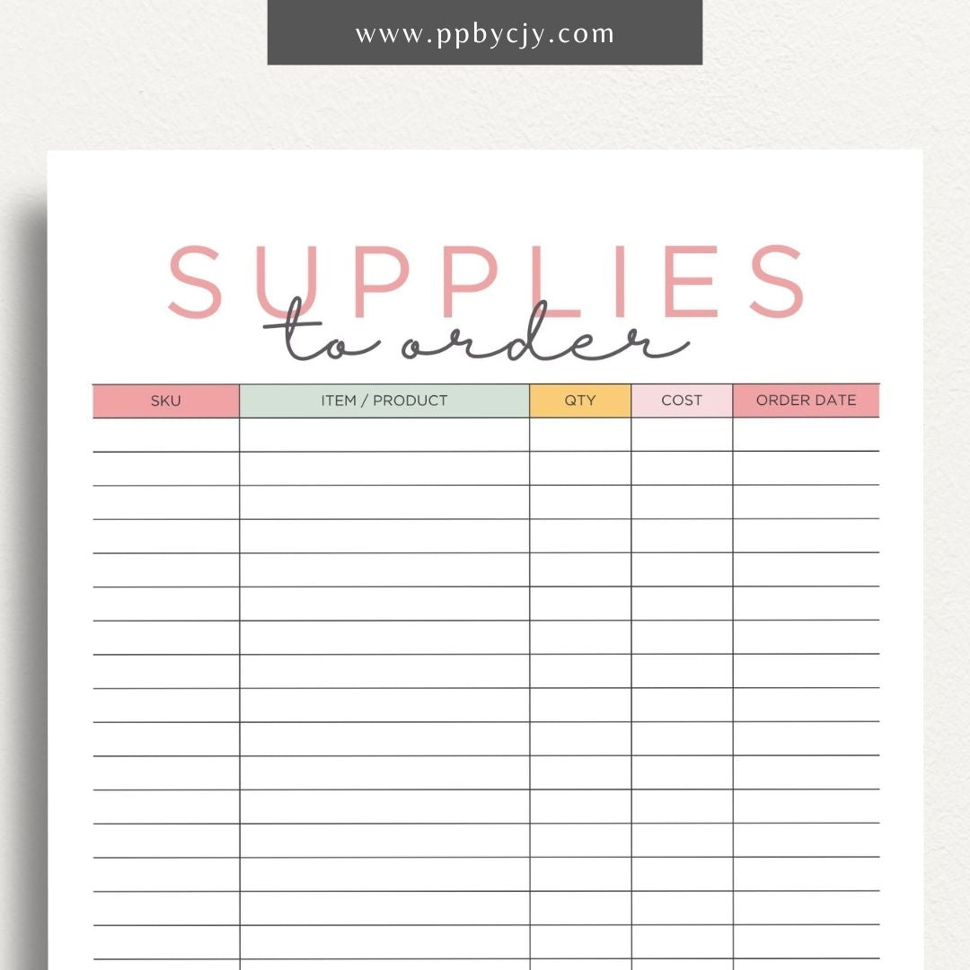 Supplies to Order Printable Template – Digital download for tracking and managing inventory needs, including items to be ordered, quantities, and order dates