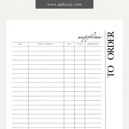 Supplies to Order Printable Template – Digital download for tracking and managing inventory needs, including items to be ordered, quantities, and order dates